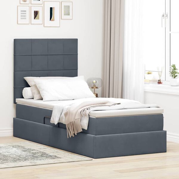 vidaXL Cama com arruma&ccedil;&atilde;o e colch&atilde;o Cinza Escuro 90 x 200 cm Veludo