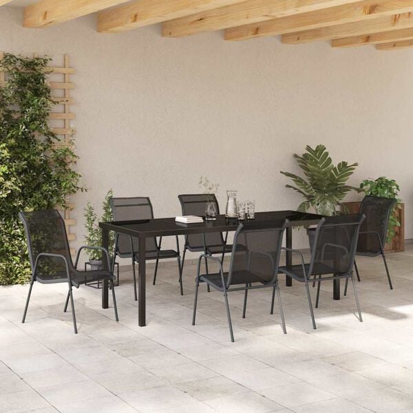vidaXL Conjunto de Jantar para Jardim 7 pcs Preto A&ccedil;o revestido a p&oacute;