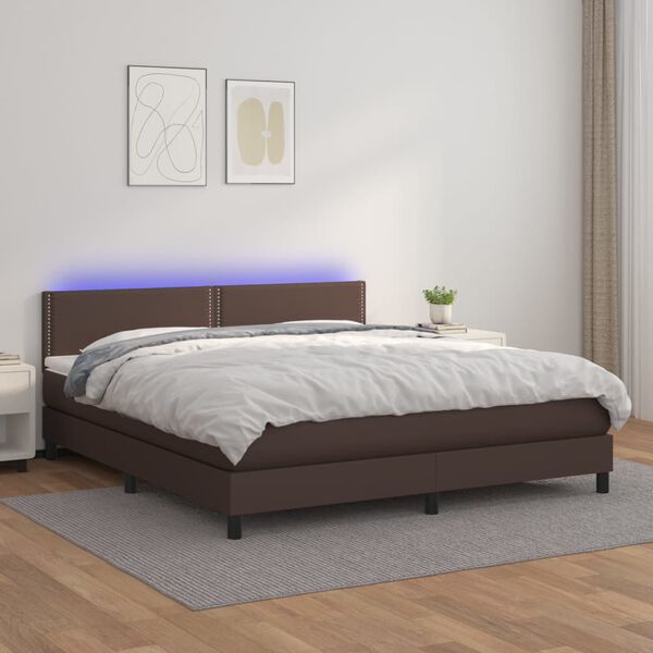 vidaXL Cama box spring c/ colch&atilde;o/LED 180x200 cm couro artif. castanho