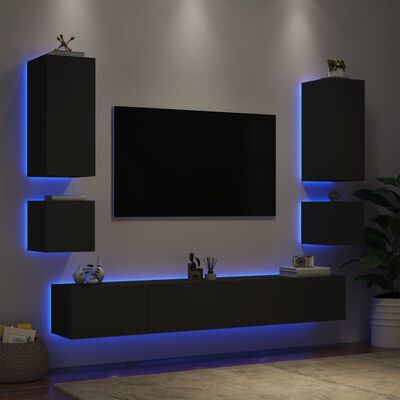 vidaXL 6 pcs móveis de parede para TV com luzes LED preto