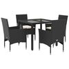 vidaXL 5 pcs conjunto jantar jardim c/ almofad&otilde;es vime PE/vidro preto