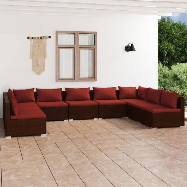 vidaXL 9 pcs conjunto lounge jardim c/ almofad&otilde;es vime PE castanho