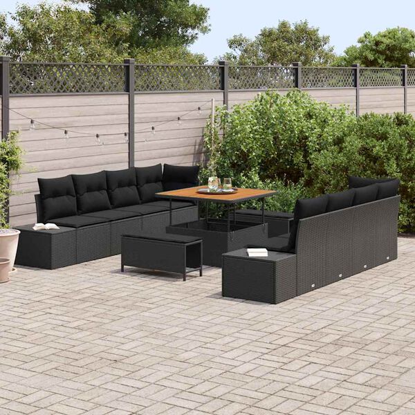 vidaXL Conjunto de Sof&aacute; de Jardim com almofada 11 pcs Preto vime PE