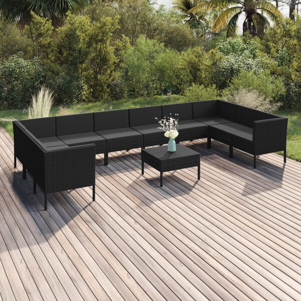 vidaXL 11 pcs conjunto lounge de jardim c/ almofad&otilde;es vime PE preto
