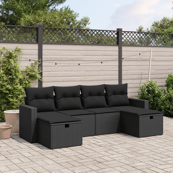 vidaXL 6 pcs conjunto sof&aacute;s de jardim c/ almofad&otilde;es vime PE preto