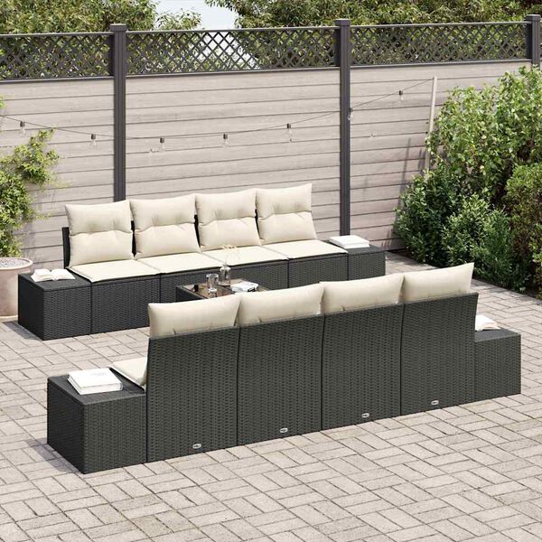 vidaXL Conjunto de Sof&aacute; de Jardim 8 pcs Preto e Creme vime PE