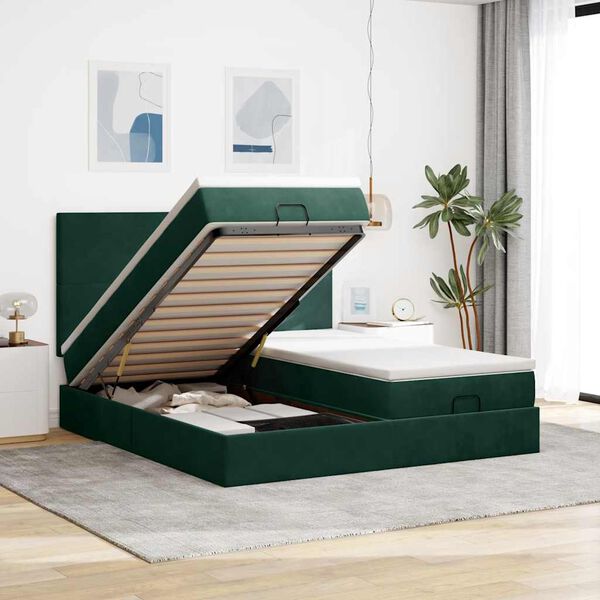 vidaXL Estrutura de cama otomana com colch&atilde;o verde escuro Veludo