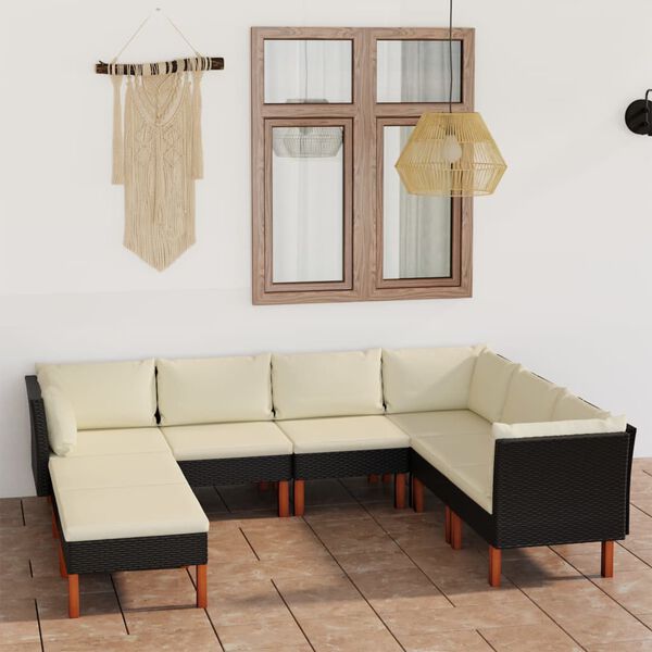 vidaXL 8 pcs conjunto lounge de jardim c/ almofad&otilde;es vime PE preto