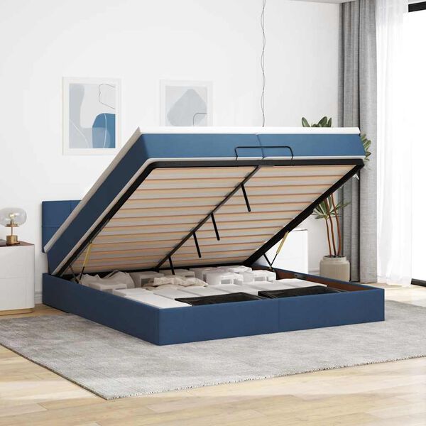 vidaXL Estrutura de cama otomana com colch&atilde;o 200x200 cm tecido azul