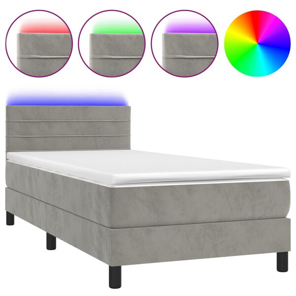 vidaXL Cama box spring c/ colch&atilde;o/LED 100x200 cm veludo cinzento-claro