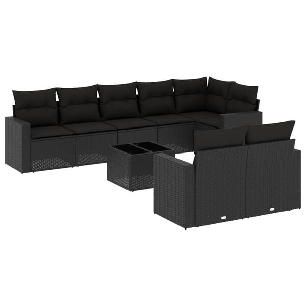 vidaXL 9 pcs conjunto de sof&aacute;s p/ jardim c/ almofad&otilde;es vime PE preto
