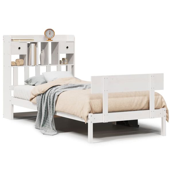 vidaXL Cama com estante sem colchão 90x200 cm pinho maciço branco