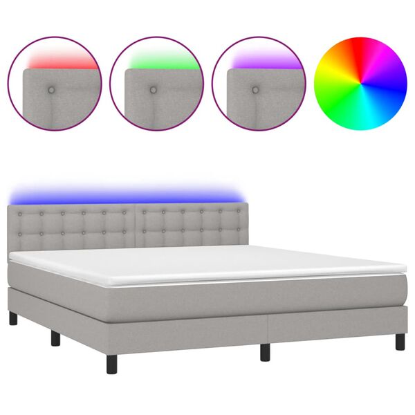 vidaXL Cama box spring c/ colch&atilde;o e LED 180x200 cm tecido cinza-claro