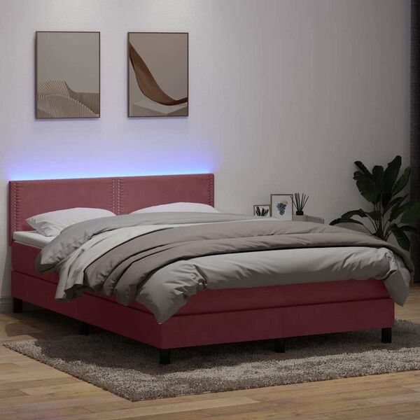 vidaXL Cama box spring c/ colch&atilde;o e LED 160x220 cm veludo rosa
