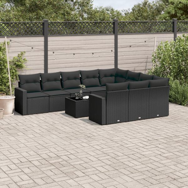 vidaXL 11 pcs conjunto sof&aacute;s de jardim c/ almofad&otilde;es vime PE preto