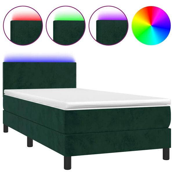 vidaXL Cama box spring c/ colch&atilde;o/LED 100x200 cm veludo verde-escuro