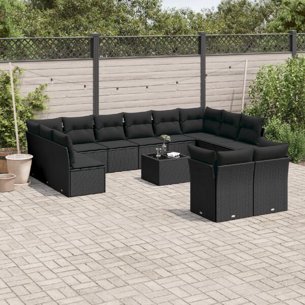 vidaXL 13 pcs conjunto de sof&aacute;s de jardim com almofad&otilde;es vime PE preto