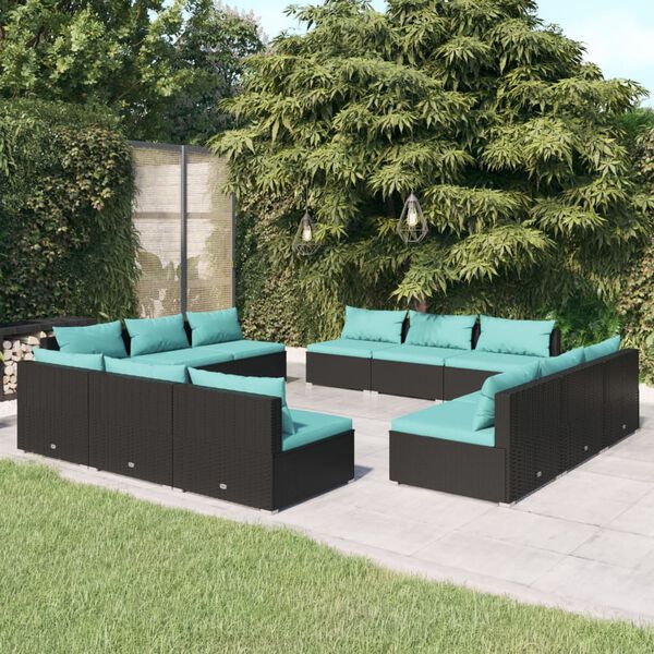 vidaXL 12 pcs conjunto lounge de jardim c/ almofad&otilde;es vime PE preto