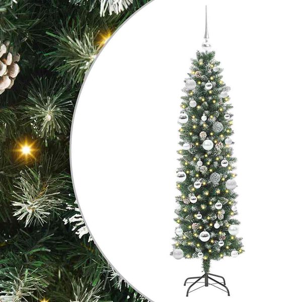 vidaXL &Aacute;rvore Slim de Natal Artificial Verde e Branco 150 cm
