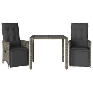vidaXL 3 pcs conjunto bistr&ocirc; de jardim c/ almofad&otilde;es vime PE cinza