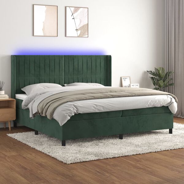 vidaXL Cama box spring c/ colch&atilde;o/LED 200x200 cm veludo verde-escuro