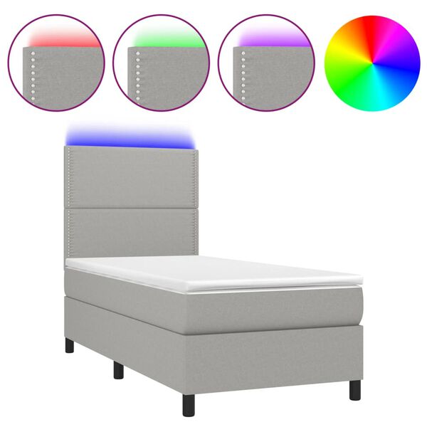 vidaXL Cama box spring c/ colch&atilde;o e LED 90x190 cm tecido cinza-claro