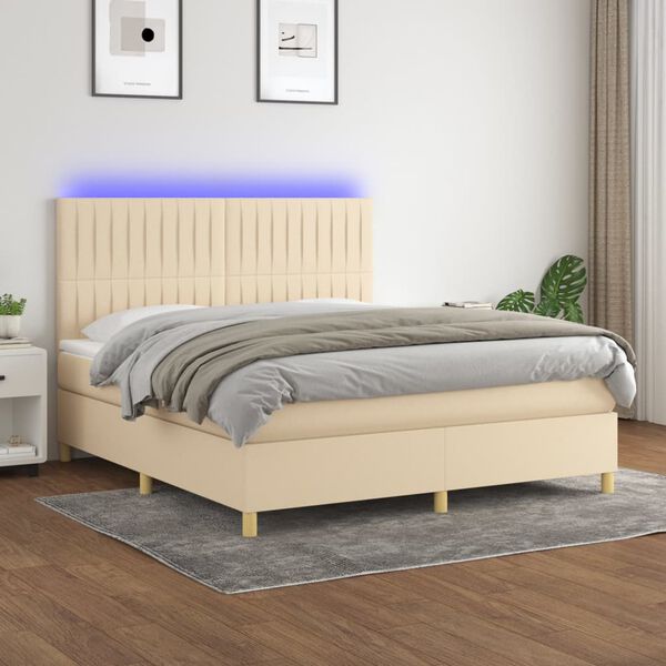 vidaXL Cama box spring c/ colch&atilde;o e LED 160x200 cm tecido cor creme