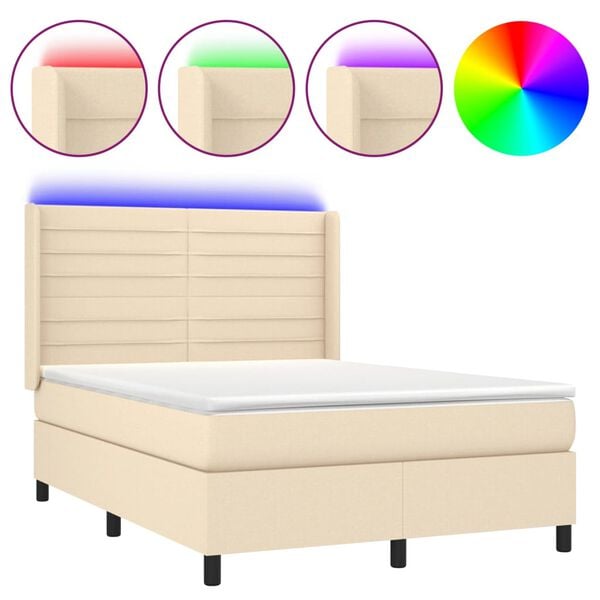 vidaXL Cama box spring c/ colch&atilde;o e LED 140x190 cm tecido cor creme