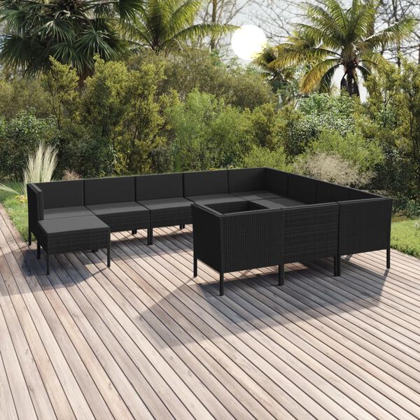 vidaXL 11 pcs conjunto lounge de jardim c/ almofad&otilde;es vime PE preto