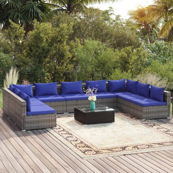 vidaXL 10 pcs conjunto lounge de jardim c/ almofad&otilde;es vime PE cinza