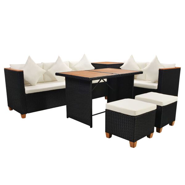 vidaXL 7 pcs conjunto lounge de jardim c/ almofad&otilde;es vime PE preto