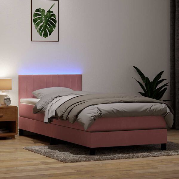 vidaXL Cama box spring c/ colch&atilde;o e LED 100x220 cm veludo Rosa