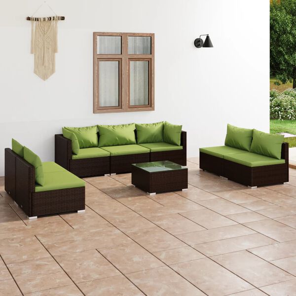 vidaXL 8 pcs conjunto lounge jardim c/ almofad&otilde;es vime PE castanho