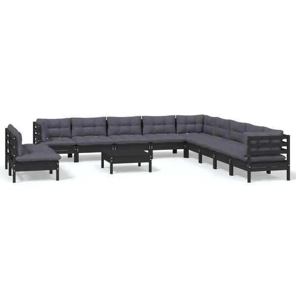 vidaXL 12 pcs conjunto lounge jardim c/ almofad&otilde;es pinho maci&ccedil;o preto