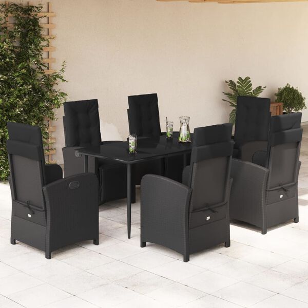 vidaXL 7 pcs conjunto de jantar p/ jardim c/ almofad&otilde;es vime PE preto