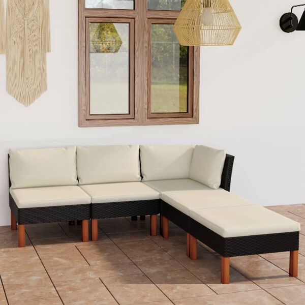 vidaXL 5 pcs conjunto lounge de jardim c/ almofad&otilde;es vime PE preto