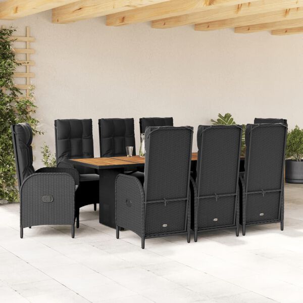vidaXL 9 pcs conjunto de jantar p/ jardim c/ almofad&otilde;es vime PE preto