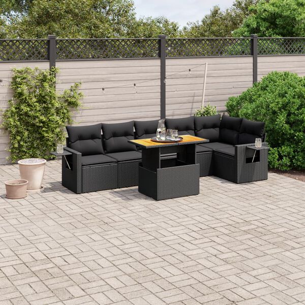 vidaXL 7 pcs conjunto de sof&aacute;s p/ jardim c/ almofad&otilde;es vime PE preto