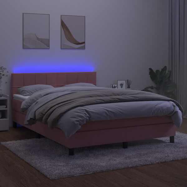 vidaXL Cama box spring c/ colch&atilde;o/LED 140x190 cm veludo rosa