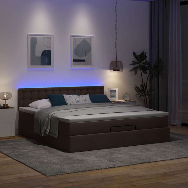 vidaXL Cama Otomana com colch&atilde;o&LEDs 180x200cm tecido castanho-escuro