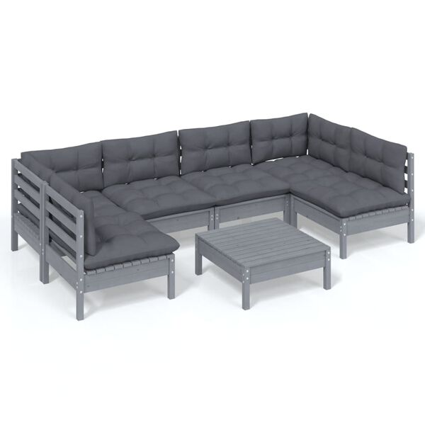 vidaXL 7 pcs conjunto lounge de jardim + almofad&otilde;es pinho maci&ccedil;o cinza