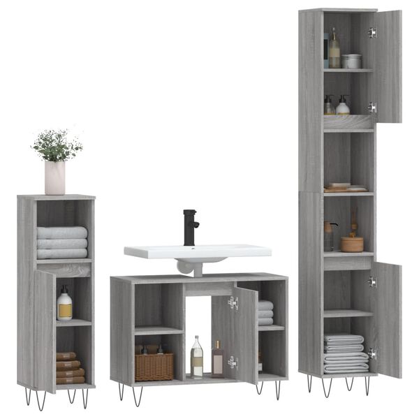 vidaXL 3 pcs Conjunto m&oacute;veis casa de banho madeira proc. cinza sonoma