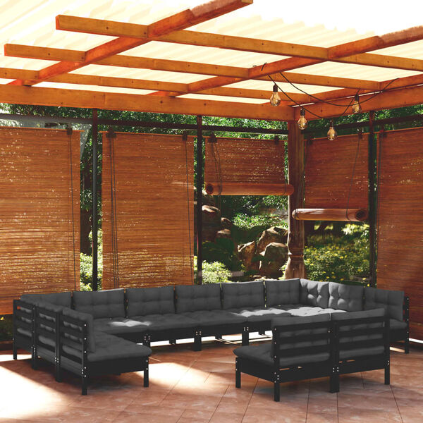 vidaXL 12 pcs conjunto lounge jardim c/ almofad&otilde;es pinho maci&ccedil;o preto