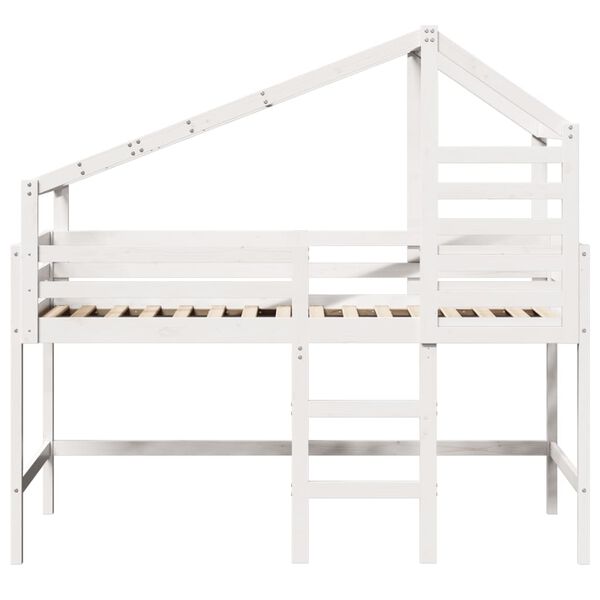 vidaXL Cama alta c/ escada e telhado 90x190 cm pinho maci&ccedil;o branco