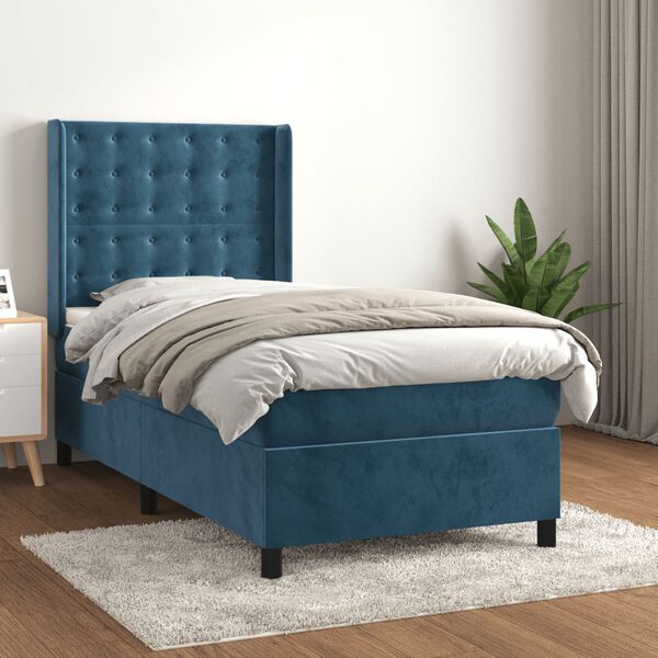 vidaXL Cama com molas/colch&atilde;o 100x200 cm veludo azul-escuro