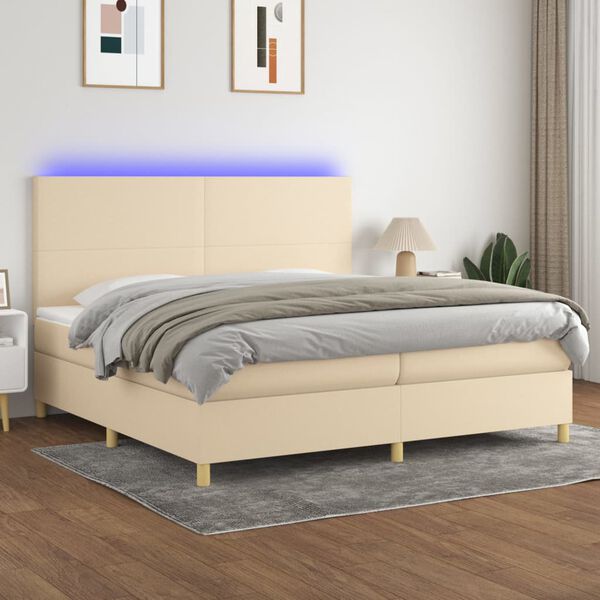 vidaXL Cama box spring c/ colch&atilde;o e LED 200x200 cm tecido cor creme