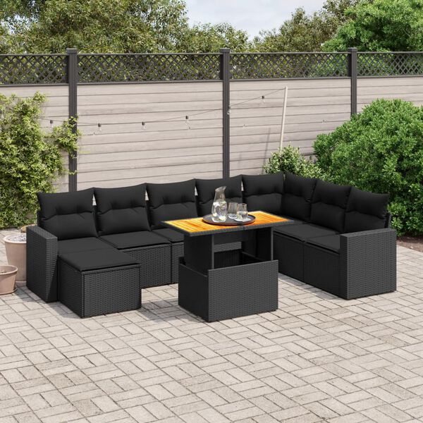 vidaXL 9 pcs conjunto de sof&aacute;s p/ jardim c/ almofad&otilde;es vime PE preto