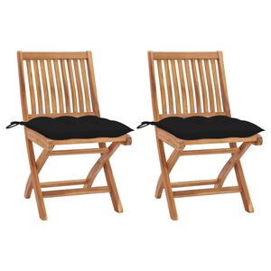 vidaXL Conjunto de 2 cadeiras dobr&aacute;veis com almofadas pretas em madeira maci&ccedil;a de teca.