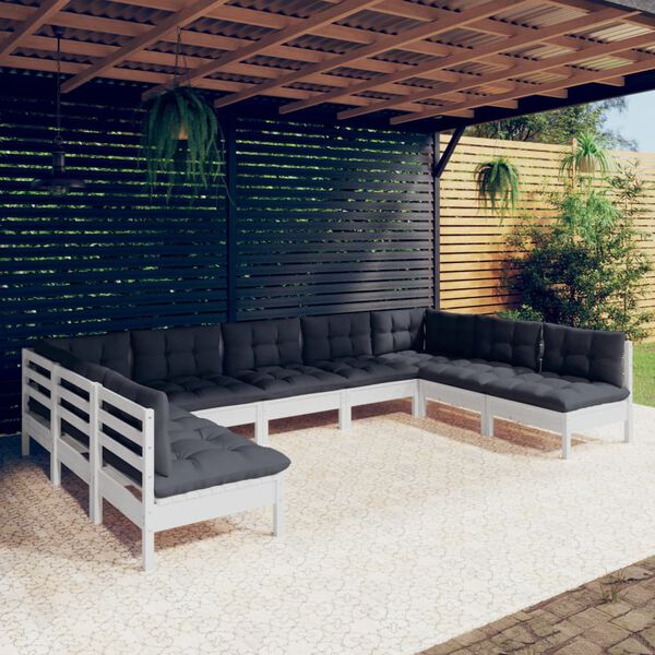 vidaXL 9 pcs conj. lounge de jardim c/ almofad&otilde;es pinho maci&ccedil;o branco