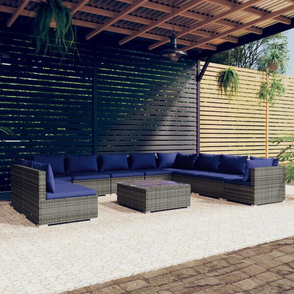 vidaXL 11 pcs conjunto lounge de jardim c/ almofad&otilde;es vime PE cinzento